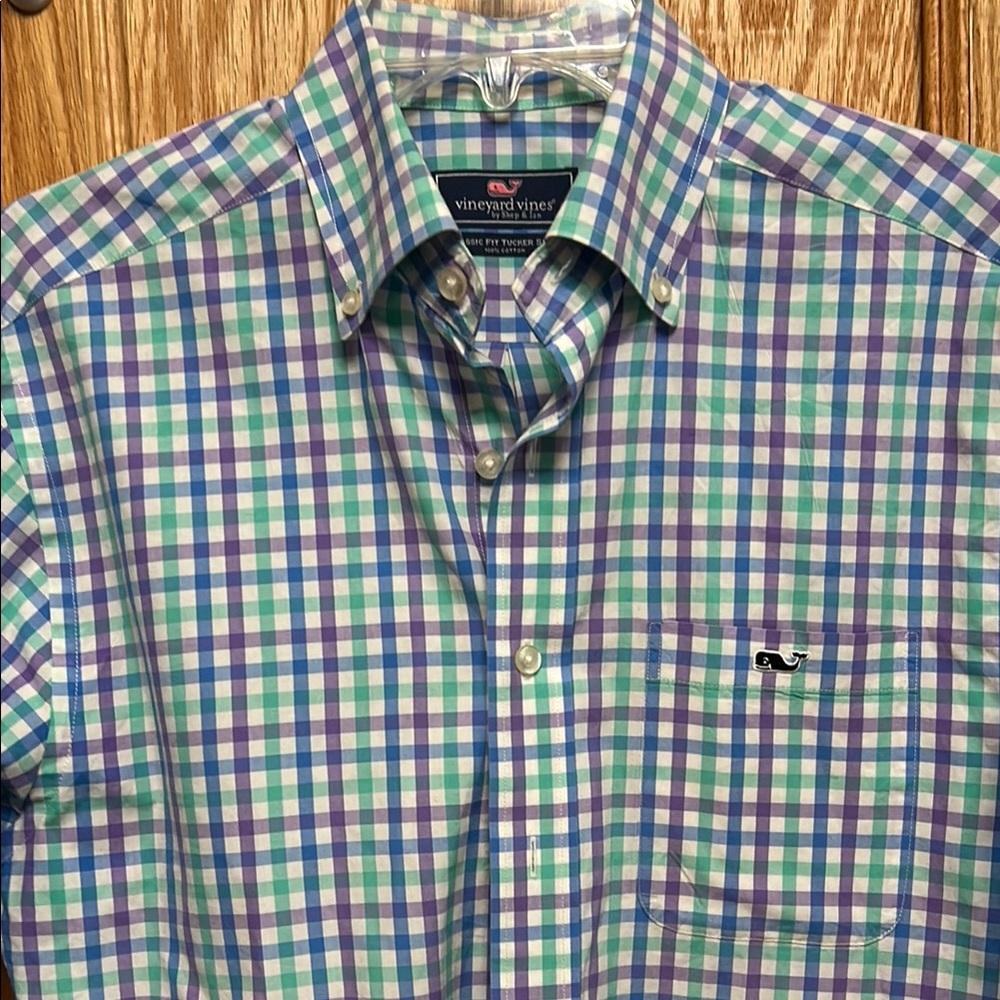 Vineyard Vines Men's Blue and Green Checkered Shirt